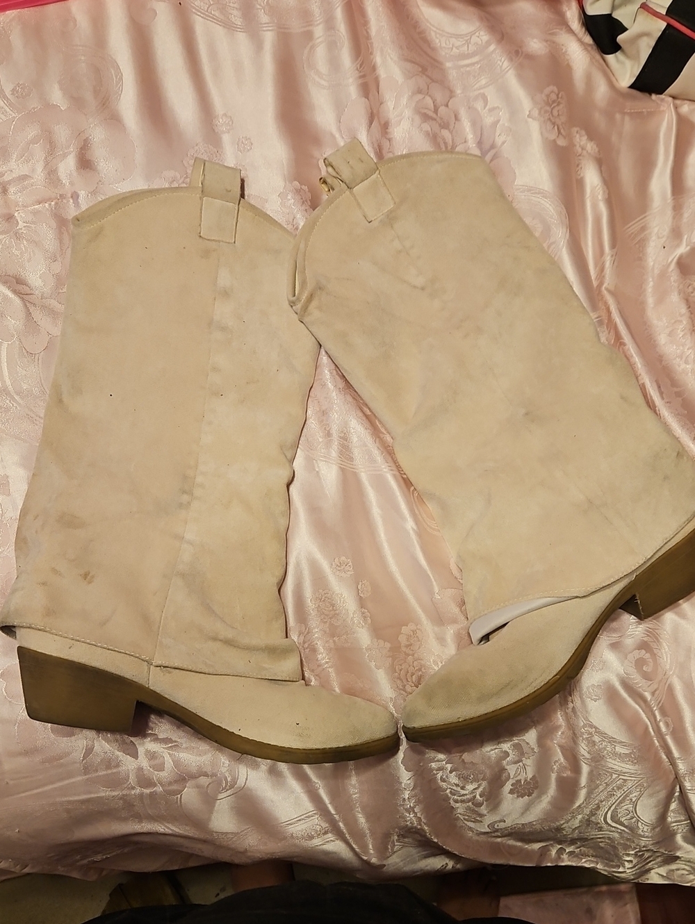 Cream Suede Mid-Calf Heeled Boots